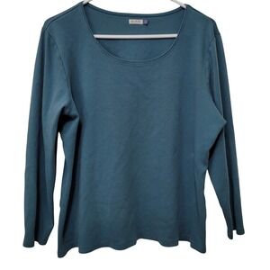 Yarn & Sea Long Sleeve Scoop Neck Tee Womens 1X Teal Blue 100% Cotton Relaxed